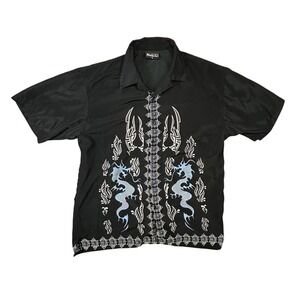 Nucci Mens Black Tribal Dragon Graphic Button Up Shirt Short Sleeve Large Y2K